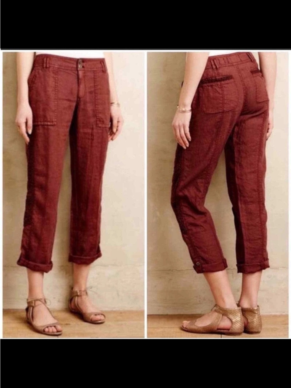 Anthropologie Hei Hei Pants Size 30 Cropped Linen Marlena Trousers Red Crochet